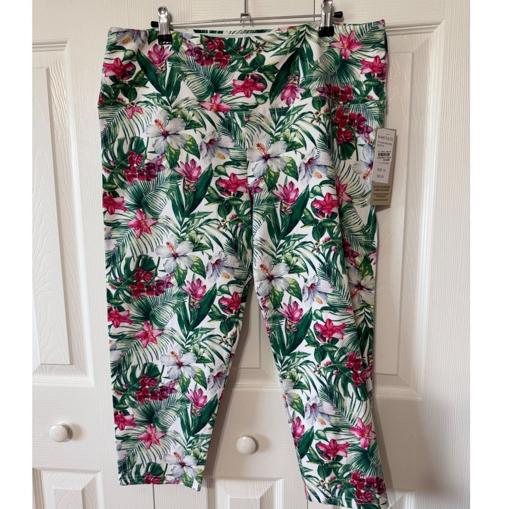 Khakis & Co Suave Tropical Floral Capri Leggings Tummy Control White Green 1X N